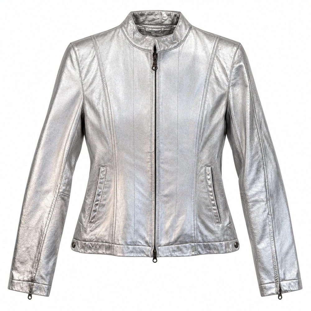 Wilsons Leather Maxima Jacket L Silver Moto Racer Metallic Space Age Coat Disco